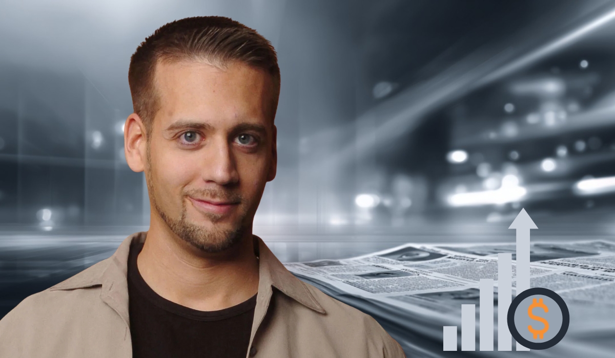 A younger Max Kellerman smiling with a financial growth icon and newspapers in the background