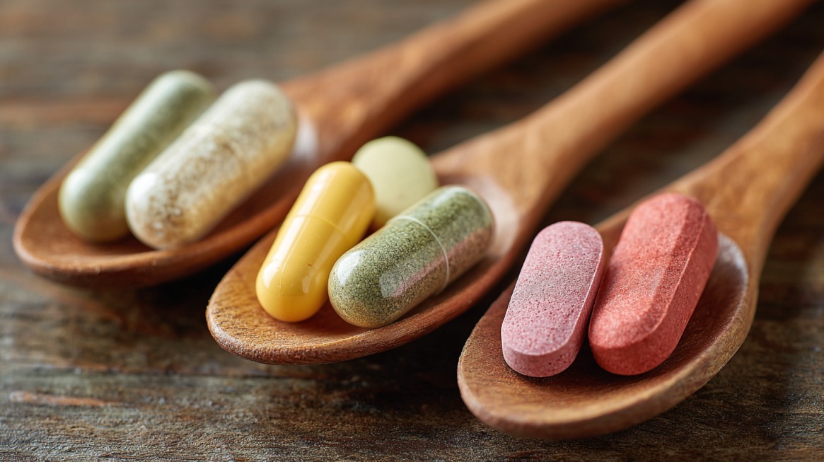 Wooden spoons holding assorted capsules and tablets on a tabletop