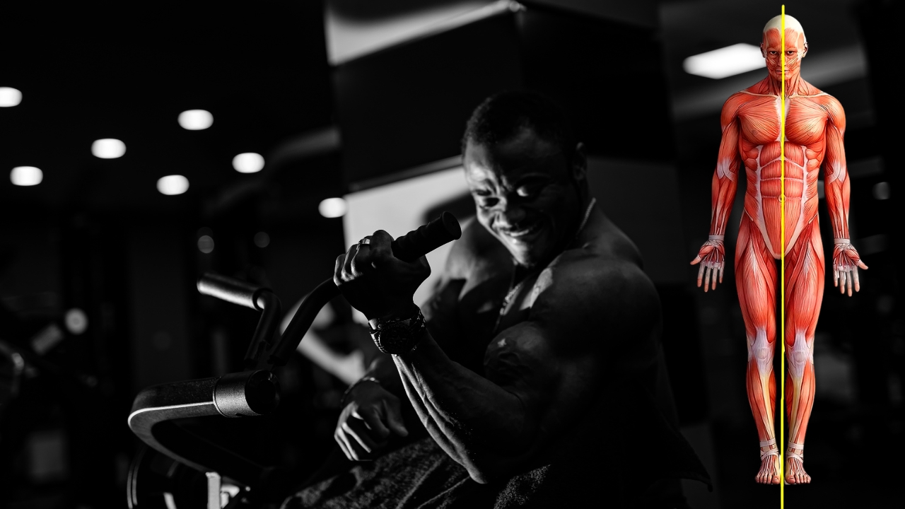 Man performs arm curl in gym with sagittal plane line dividing body into left and right halves