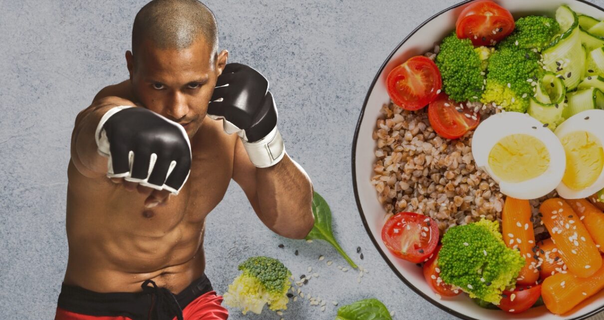 Boxer throwing a punch next to a bowl with eggs, grains, and vegetables showing good pre boxing food choices