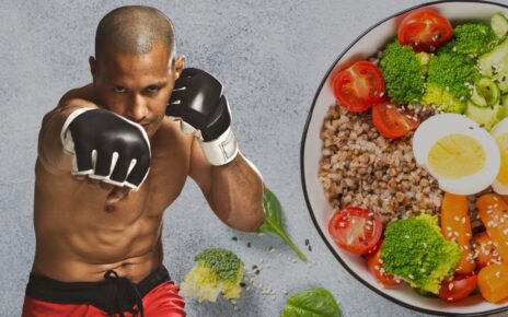 Boxer throwing a punch next to a bowl with eggs, grains, and vegetables showing good pre boxing food choices