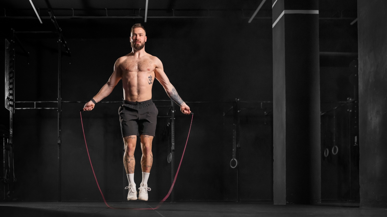 Man doing HIIT jump rope workout in a gym to boost EPOC and calorie burn