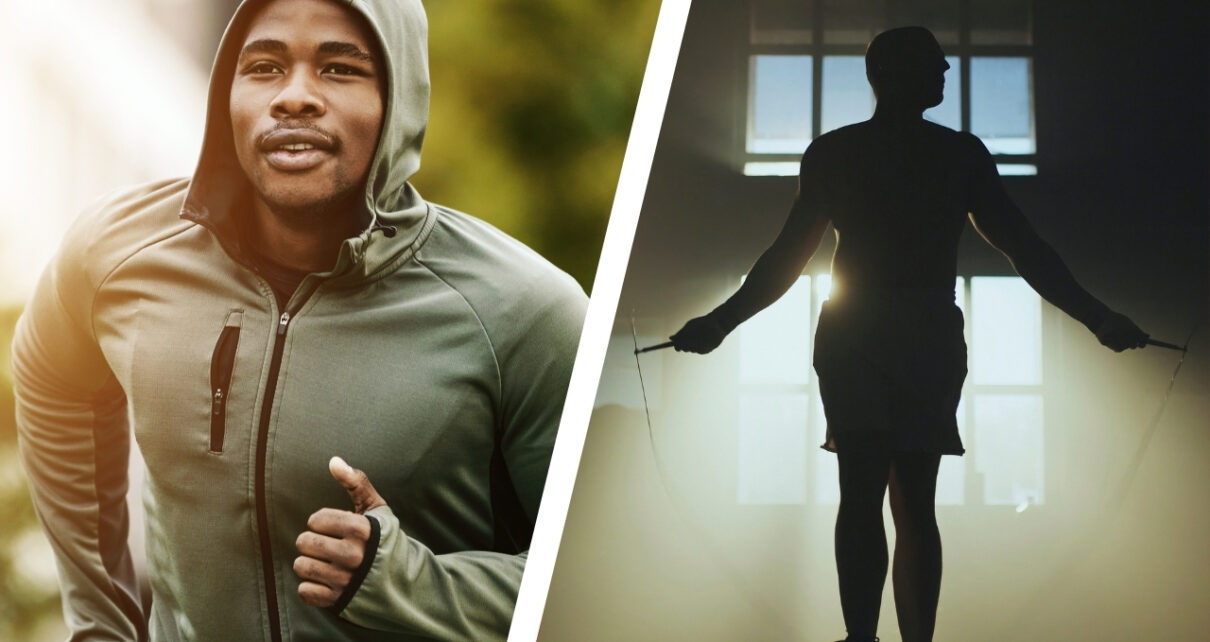 Split image shows aerobic running and anaerobic jump rope training side by side
