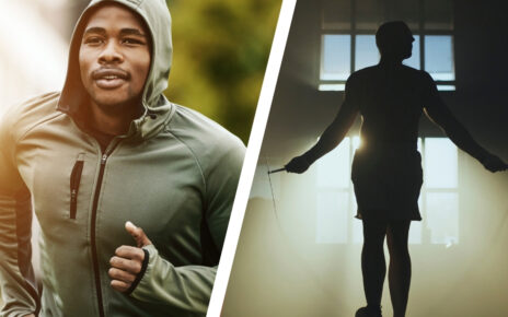 Split image shows aerobic running and anaerobic jump rope training side by side