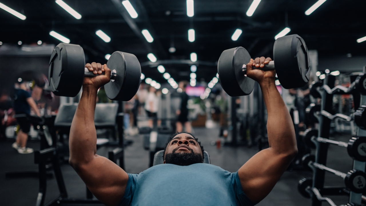 Man lifts dumbbells on a bench in a gym, showing controlled form and proper equipment use